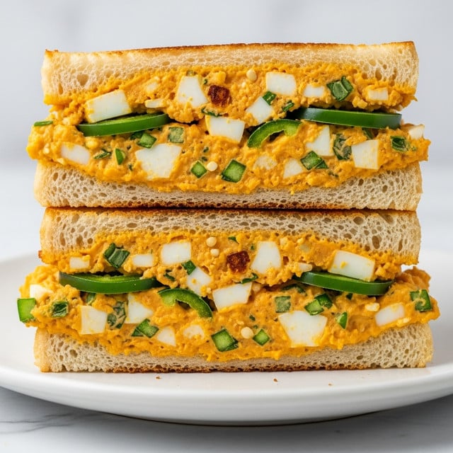 The image shows a close-up of two sandwich halves stacked on a white plate with a white marbled surface underneath. The sandwich has a thick base layer of soft white bread. On top of the bread is a thick layer of a creamy, slightly browned orange spread filled with white chunks, likely chopped boiled eggs mixed with a spicy cheese spread. There are visible green slices of fresh jalapeños and small bits of green herbs sprinkled over the spread, adding color contrast and texture. The bread edges are slightly toasted to a light golden brown. Photo taken with an iphone --ar 4:5 --v 7