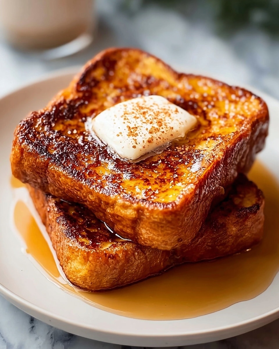 Two thick slices of golden brown French toast stacked on a white plate, each slice showing a crispy caramelized outer layer with a slightly uneven texture. The top slice has a dollop of creamy butter with a light sprinkling of cinnamon on it. The toast is covered in a shiny layer of syrup that pools gently on the plate beneath. The background is a soft blur over a white marbled surface. photo taken with an iphone --ar 4:5 --v 7