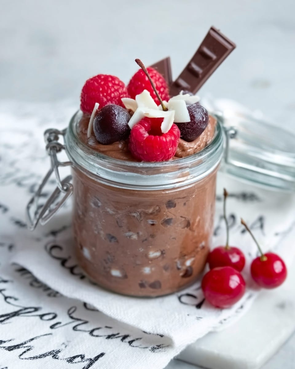 The image shows a small glass jar filled with three layers of dessert. The bottom layer is a thick, smooth chocolate mousse with a dark brown color. Above it is a slightly lighter brown chocolate layer with a creamy texture. The top layer is decorated with fresh red raspberries, a few whole dark cherries, small white chocolate shavings, and a square piece of milk chocolate. A spoon is placed inside the jar. The jar is placed on a white marbled surface with a white cloth featuring black cursive writing in the background. Photo taken with an iphone --ar 4:5 --v 7