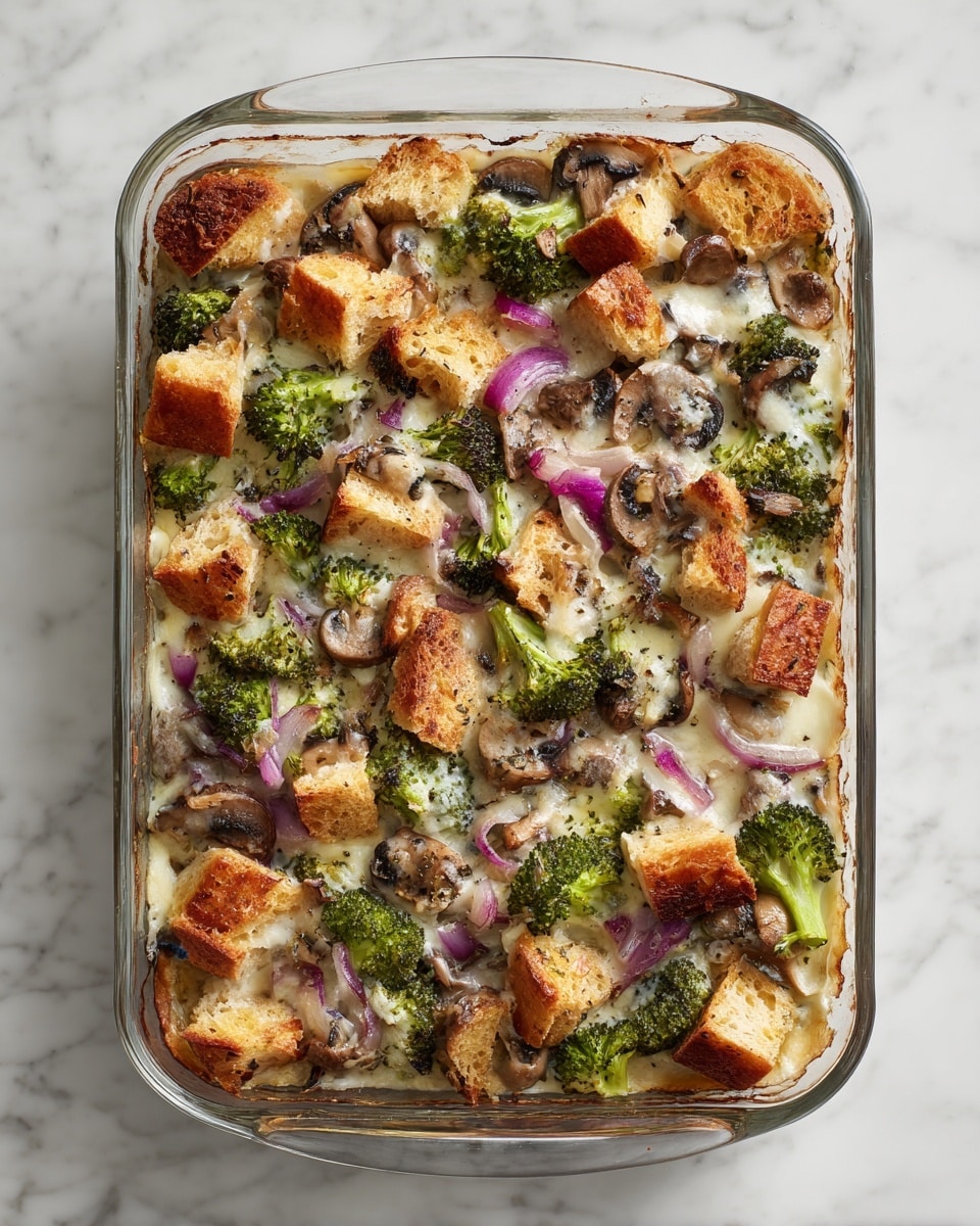 The image shows a rectangular glass baking dish filled with a baked casserole that has a rustic, uneven top layer made from golden brown toasted bread chunks scattered throughout. Below the bread, there is a creamy mixture with visible green broccoli pieces, slices of brown mushrooms, and small bits of purple onion spread evenly. The casserole's colors range from golden brown on top to green and white mixed inside, with a slightly crispy texture on the surface and a soft, moist interior. The dish sits on a white marbled surface. Photo taken with an iphone --ar 4:5 --v 7
