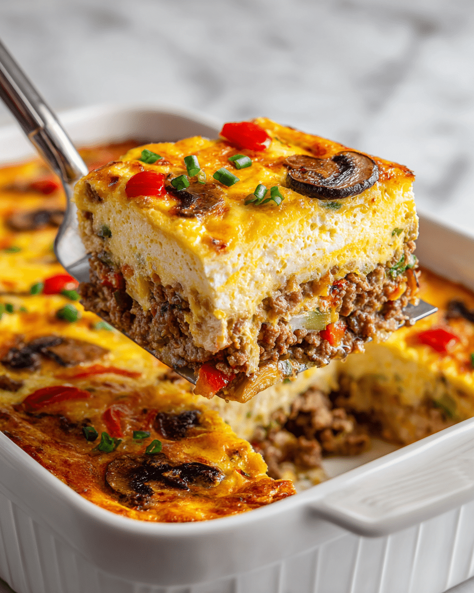 A close-up of a square slice of baked egg casserole being lifted with a silver spatula from a white ceramic baking dish. The casserole has three layers: the bottom layer is a light yellow creamy egg base, the middle layer includes visible cooked sausage and chopped red bell peppers, and the top layer is a browned mix of melted cheese, sautéed mushrooms, and crumbled sausage with a slightly crispy texture around the edges. The white marbled surface is faintly visible under the baking dish. Photo taken with an iphone --ar 4:5 --v 7