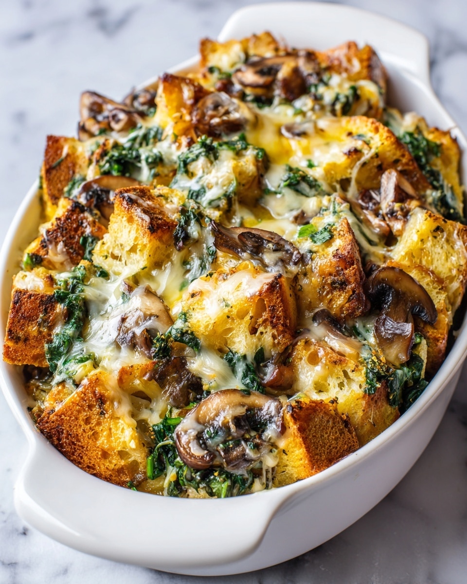The image shows a baked dish in a white oval dish set on a white marbled surface. The top layer is golden brown with a mix of melted cheese and crispy bread pieces. Throughout the dish, there are visible pieces of cooked spinach, dark brown mushrooms, and small browned edges of bread or dough. The texture looks soft and slightly crispy on top with moist, cheesy layers underneath, giving a rustic homemade feel. Photo taken with an iphone --ar 4:5 --v 7