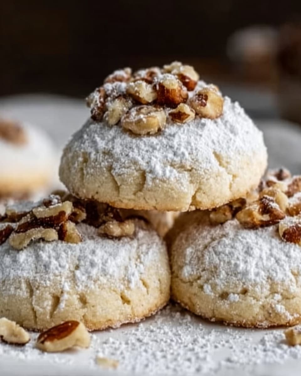 The image shows a close-up view of soft cookies stacked on a white surface with a white marbled texture background. Each cookie has a light golden color and is coated with a layer of powdered sugar giving them a snowy look. On top of each cookie sits a small cluster of chopped walnuts, adding texture and a slightly darker brown contrast to the pale cookie. There are three cookies stacked with two on the bottom and one resting on top in the center, creating a small pyramid shape. The overall look is cozy and inviting, focusing closely on the details of the cookies' powder and nut toppings. photo taken with an iphone --ar 4:5 --v 7
