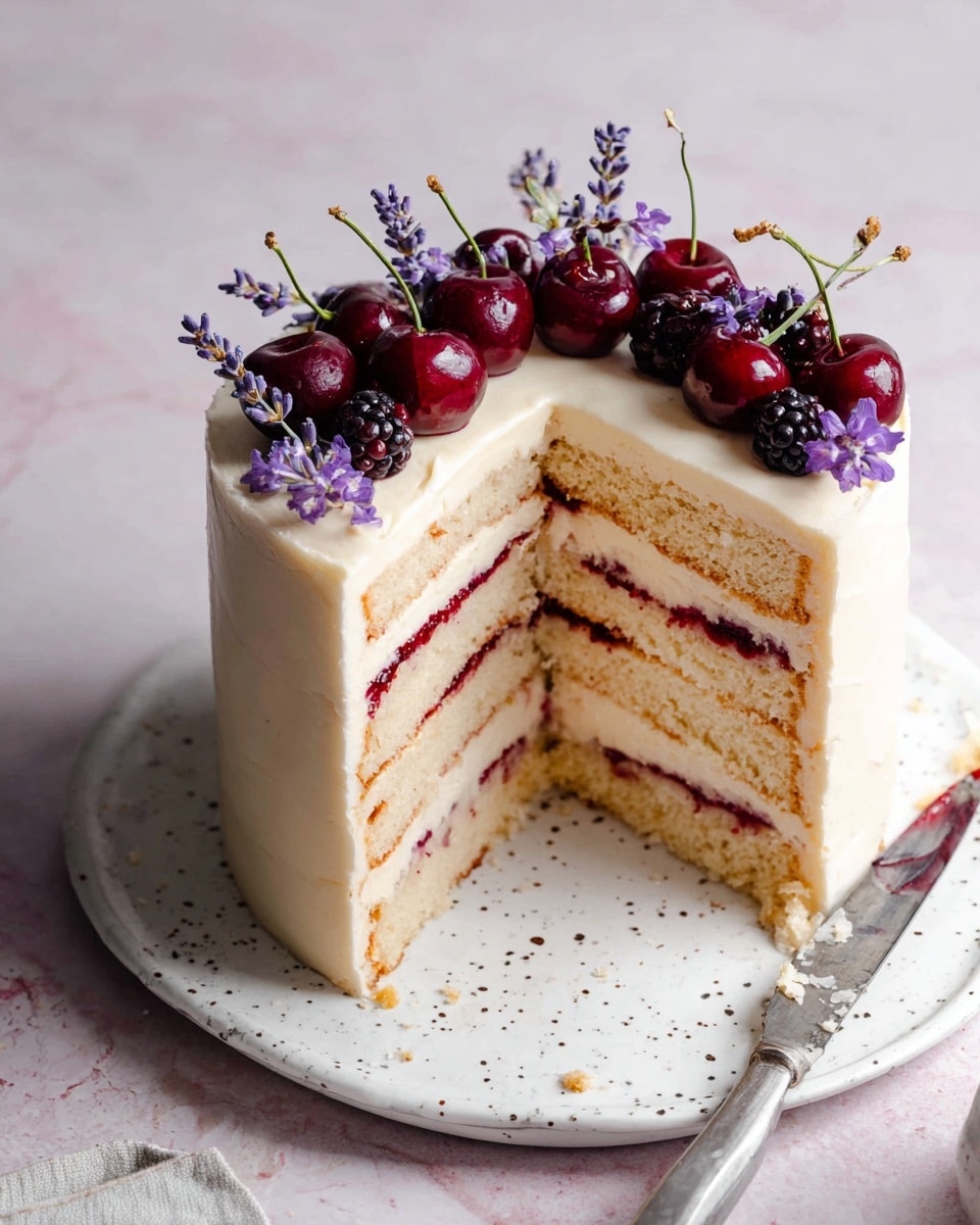 A tall four-layer cake with light beige sponge layers separated by thin red jam or berry filling and white cream. The outside is covered in smooth, white cream frosting. The top is decorated with shiny dark red cherries, small dark blackberries, and sprigs of purple lavender flowers, all placed neatly on the white frosting. The cake sits on a white plate with small dark specks, placed on a white marbled texture surface. A silver knife with some cake crumbs lies next to the plate. Photo taken with an iphone --ar 4:5 --v 7