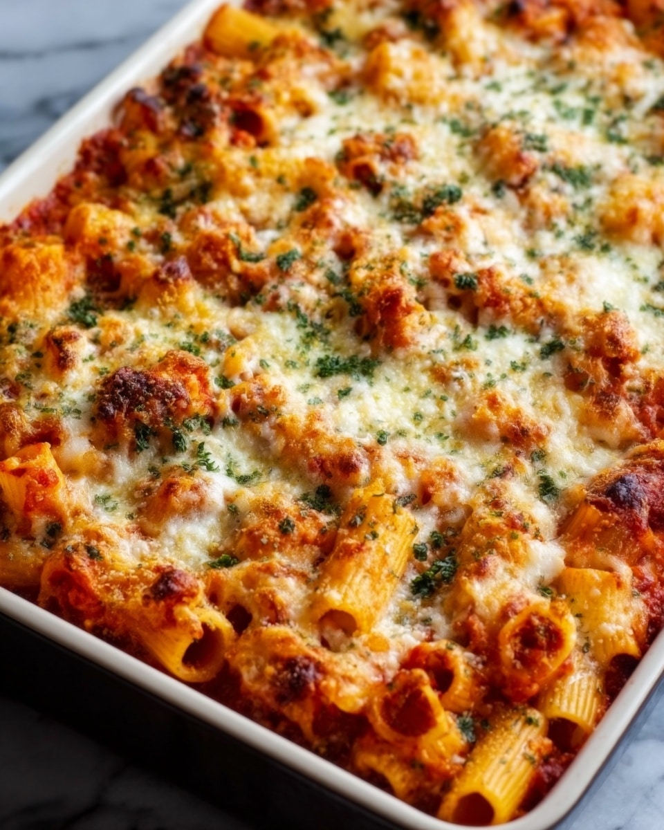 A close-up of a baked pasta dish in a white rectangular baking tray, filled with rigatoni noodles covered in a thick layer of melted cheese that is golden brown and slightly bubbly. The pasta is coated in a rich red tomato sauce, visible between the layers, with small bits of herbs sprinkled on top, adding a touch of green to the creamy cheese layer. The texture looks soft and gooey with a crispy baked cheese crust around the edges. The tray is set on a white marbled surface. photo taken with an iphone --ar 4:5 --v 7