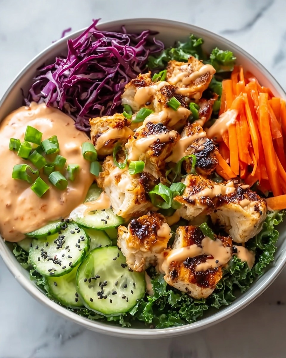 A white bowl filled with a fresh salad arranged in sections, starting with dark green leafy kale at the bottom, topped with juicy grilled chicken pieces that are golden brown with char marks and drizzled with a creamy light orange sauce. To the left, there is a generous scoop of the same creamy sauce, garnished with chopped green onions. At the top left, thin slices of dark purple cabbage add a splash of color, followed by bright green cucumber slices with black sesame seeds sprinkled on them. On the far right, a small pile of thin, bright orange carrot sticks completes the bowl, all set against a white marbled surface. Photo taken with an iphone --ar 4:5 --v 7