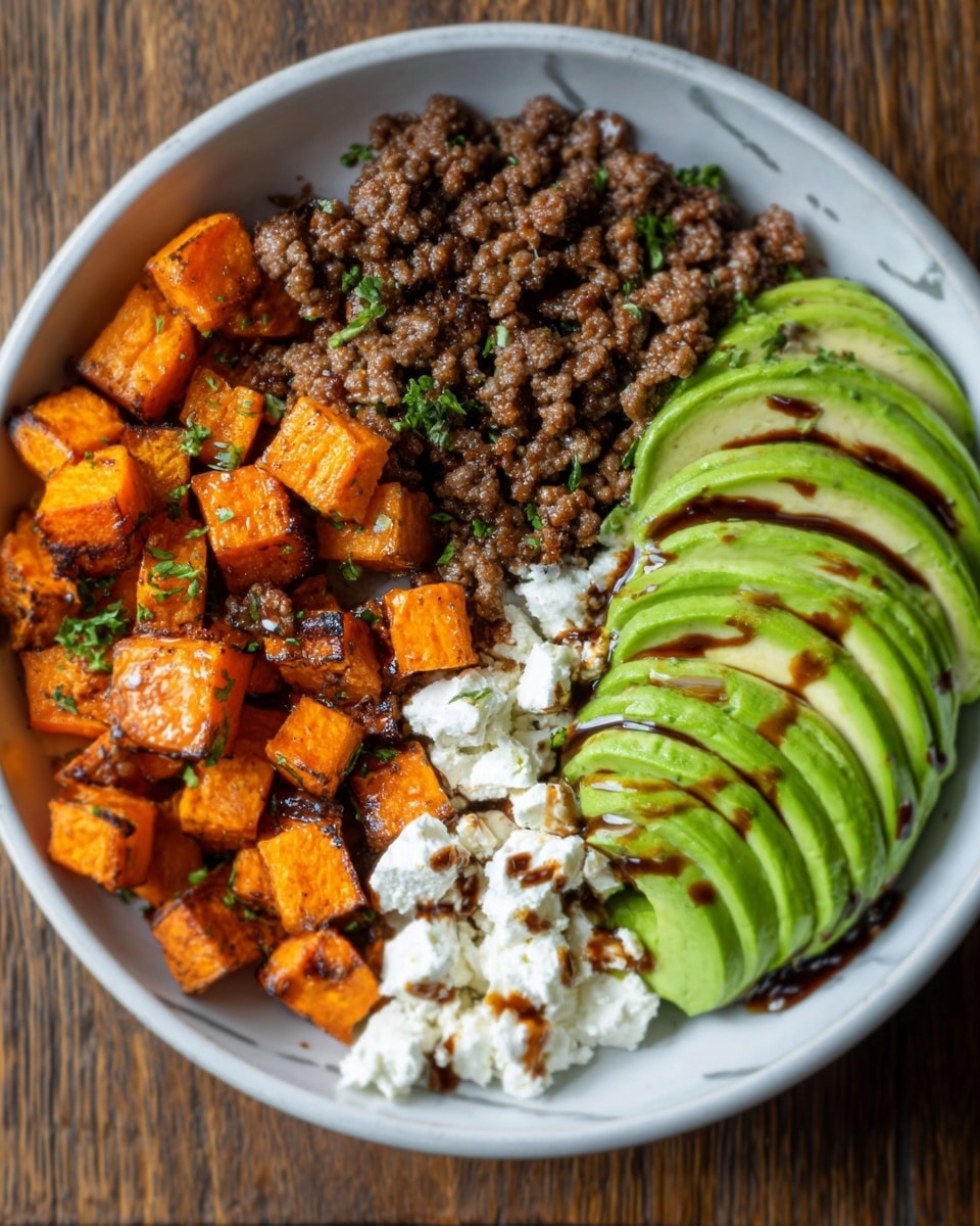 The dish is served in a white bowl placed on a wooden surface. Inside, there are four main layers arranged side by side: bright orange roasted cubes with some green herbs on the left, dark brown cooked ground meat in the top center, smooth sliced avocado with light green and dark green shades on the right, and small white crumbled cheese in the bottom center, all topped lightly with a dark sauce drizzle. The bowl and food colors contrast well with the white marbled texture. Photo taken with an iphone --ar 4:5 --v 7