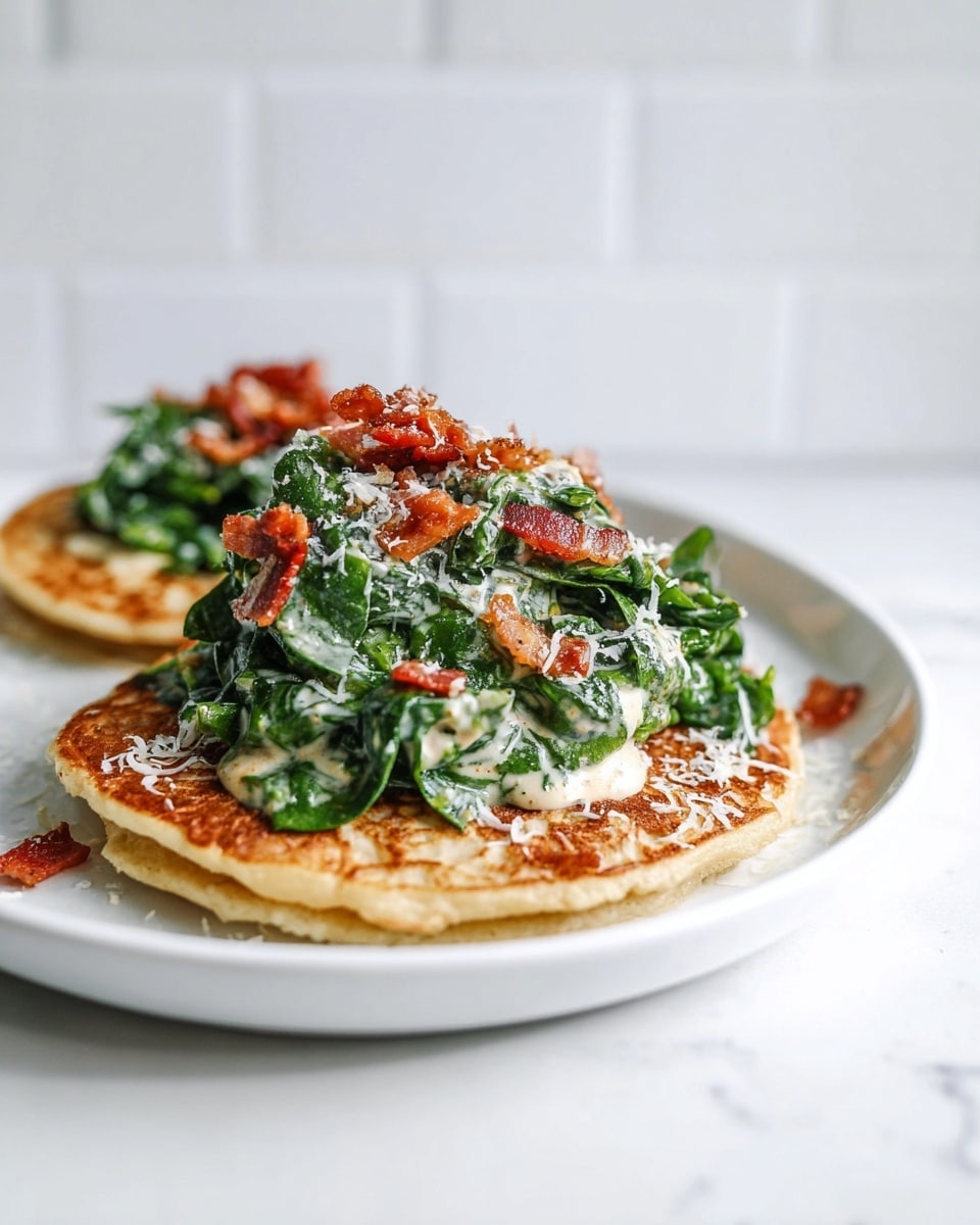 The image shows a close-up of two flat golden-brown pancakes on a white plate, each topped with a generous pile of fresh, green spinach leaves coated in a light creamy dressing. Small bits of crispy reddish-brown bacon are scattered on top and around the pancakes, along with finely grated white cheese sprinkled over the spinach. The plate rests on a white marbled surface with a softly blurred white tile background, giving a clean and fresh feel. photo taken with an iphone --ar 4:5 --v 7