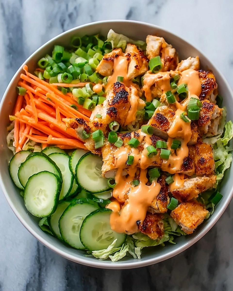 The dish is served in a white bowl filled with several colorful layers. At the base, there is shredded green lettuce covering most of the bottom. On one side, thin orange carrot sticks are neatly placed. Next to them, several round cucumber slices with a light green skin are arranged in a row. At the center, there are crispy golden-brown pieces of grilled chicken that look juicy and tender, cut into bite-sized chunks. A creamy orange sauce is drizzled over the chicken and some cucumber slices. Finally, small chopped green onions are sprinkled evenly on top, adding a fresh green touch. The bowl is set on a white marbled surface. photo taken with an iphone --ar 4:5 --v 7