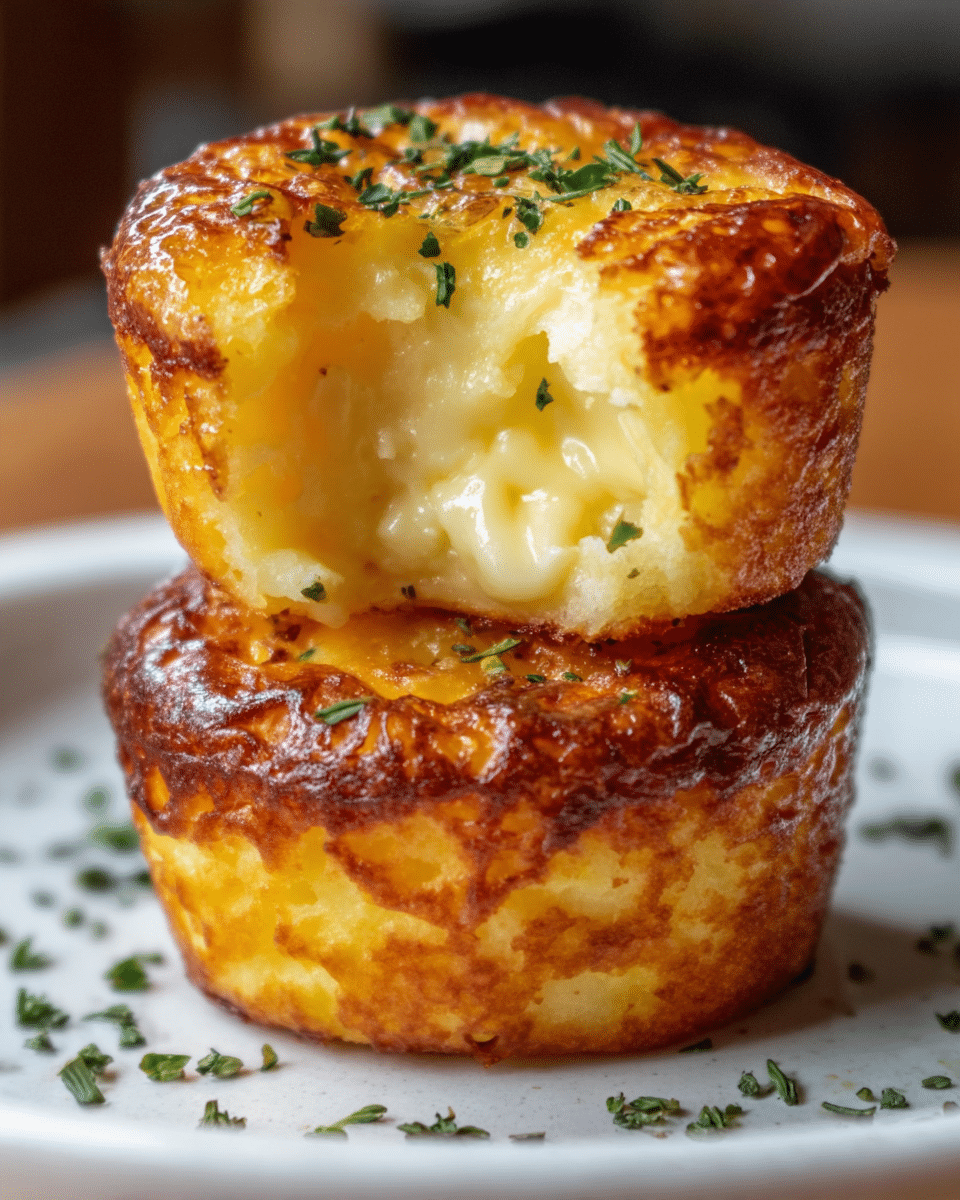 Two small, thick, round golden brown cheese muffins are stacked on a simple white plate. The muffins have a crispy, slightly burnt outer layer with a shiny, caramelized cheese crust. The inside shows a soft, creamy, pale yellow cheese filling that looks smooth and rich. Tiny green herbs are sprinkled on top of both muffins and around the plate edges. The background is a white marbled surface softly blurred, making the muffins the clear focus. Photo taken with an iphone --ar 4:5 --v 7