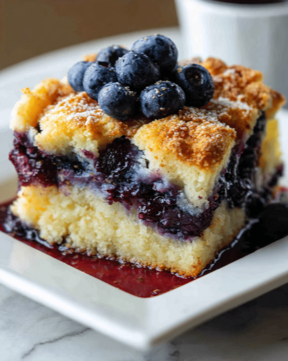 A close-up of a square slice of blueberry cake on a white square plate, placed on a white marbled surface. The cake has two main layers: the bottom layer is pale yellow with soft, crumbly texture, and the top layer is golden brown with a crisp texture. Fresh blueberries are baked inside the bottom layer, creating dark purple juice that has slightly oozed out onto the plate. On top of the cake, there is a small pile of fresh, shiny blueberries arranged in the center, adding a deep blue color contrast. Photo taken with an iphone --ar 4:5 --v 7