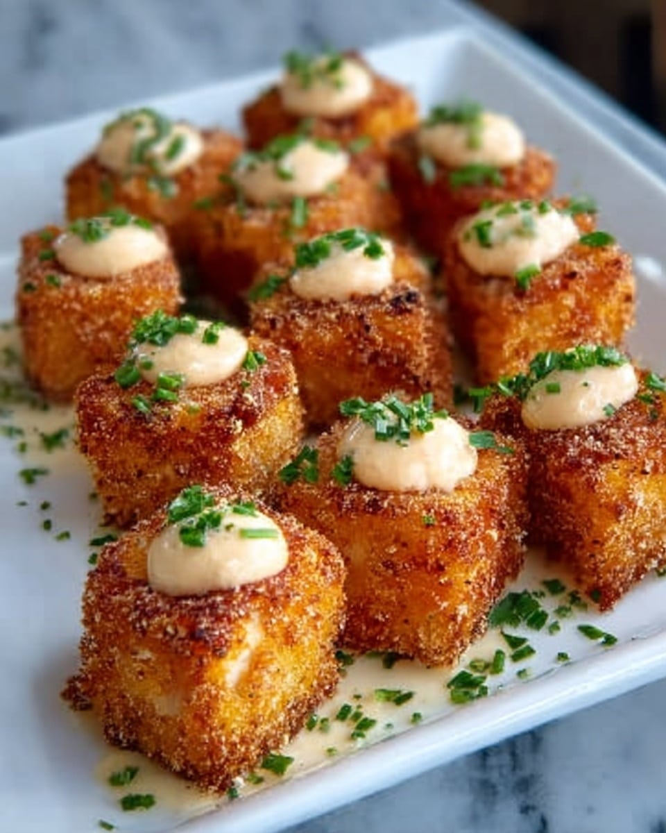 The image shows a white rectangular plate on a white marbled surface, filled with golden-brown fried cubes. Each cube has a crispy, textured outer layer with a light sprinkling of green herbs on top. On top of every cube, there is a smooth dollop of creamy sauce that contrasts with the crunchy coating. The cubes are arranged closely together, creating a warm and inviting look. photo taken with an iphone --ar 4:5 --v 7