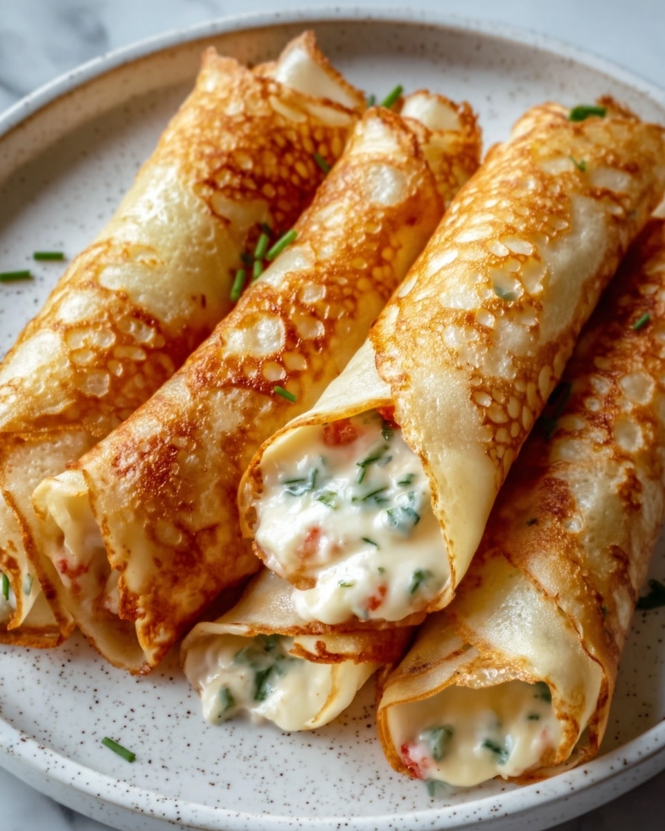 The image shows four golden-brown rolled crepes arranged closely on a white speckled plate. Each crepe is thin and lightly crispy with small bubbles and uneven browning on the surface. The filling inside is creamy white with bits of green herbs and small red pieces, slightly spilling out from the open ends of two crepes. The plate rests on a white marbled surface, creating a clean and bright background. photo taken with an iphone --ar 4:5 --v 7