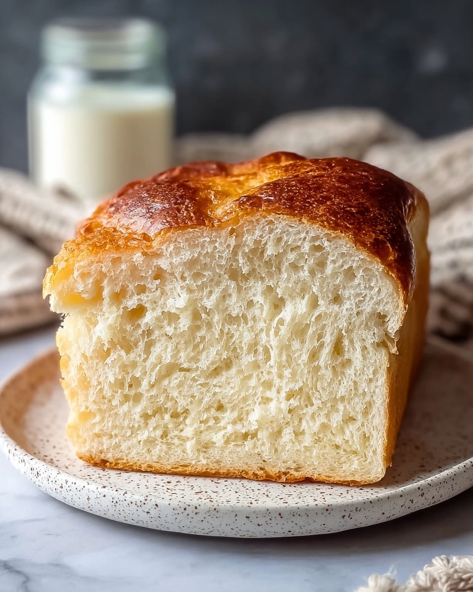 A thick slice of soft white bread with a golden-brown crust on top sits centered on a white speckled plate. The bread's texture inside looks light and fluffy with tiny air pockets throughout. The crust has a slightly shiny, uneven surface with darker golden spots, showing a freshly baked look. The plate rests on a white marbled surface. In the background, a blurred jar of cream and a textured cloth add depth to the scene. photo taken with an iphone --ar 4:5 --v 7