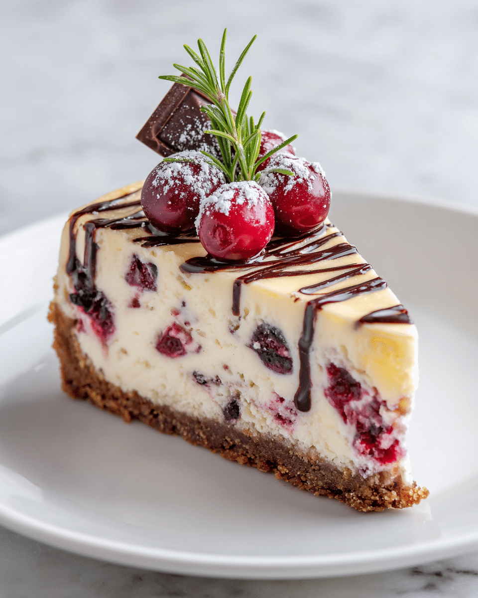 A slice of cheesecake with three layers: the bottom layer is a dark brown crunchy crust, the middle layer is thick and creamy white cheesecake with pieces of red berries and dark chocolate mixed inside, and the top layer is a smooth, pale cream with thin drizzles of dark chocolate. On top, there are whole red berries dusted with white sugar and a small piece of chocolate garnished with a green sprig. The slice sits on a white plate with a white marbled surface in the background, photo taken with an iphone --ar 4:5 --v 7