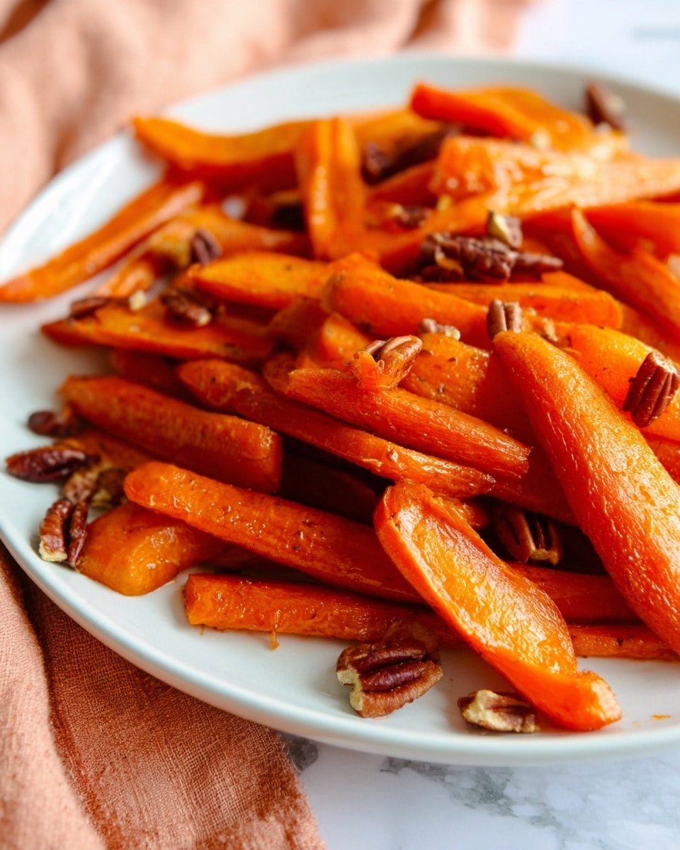 A close-up view of a white plate filled with roasted carrot sticks that are orange in color with a slight glaze, showing some shine and soft texture. Scattered among the carrots are small pieces of toasted pecans, dark brown and slightly shiny. The carrots are cut into thick, irregular sticks mostly pointing in various directions, giving a casual, rustic look. The plate sits on a surface with a white marbled texture, and a soft peach-colored fabric is blurred in the background. photo taken with an iphone --ar 4:5 --v 7