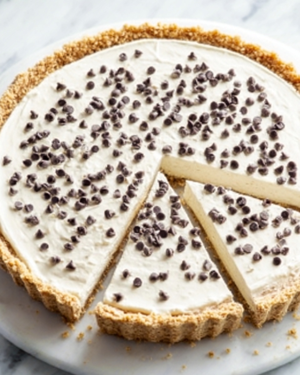 A round tart sits on a white marbled surface, with a golden brown crumbly crust holding a thick layer of smooth white cream filling. The cream layer looks soft and even, topped with small dark chocolate chips scattered across the surface. Two slices are cut inside the tart, showing the neat separation of the crust and cream layers. The tart is simple and clean, with a light and fresh look. Photo taken with an iphone --ar 4:5 --v 7