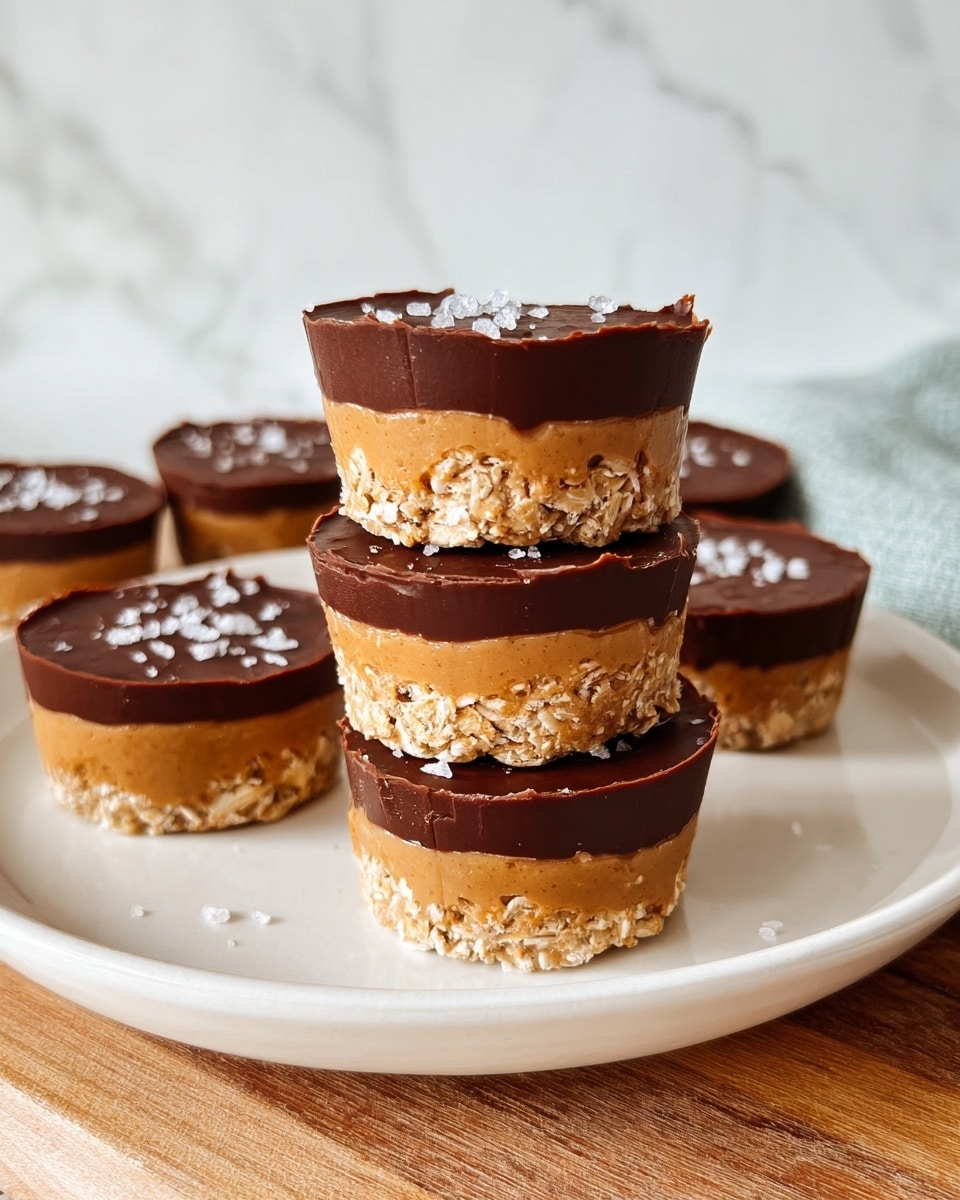 The image shows a group of small, round desserts stacked on a white plate with a light brown wooden surface underneath and a white marbled textured background. Each dessert has three distinct layers: a bottom layer of light golden oat mixture, a thick middle layer of smooth tan peanut butter, and a top layer of dark, shiny chocolate sprinkled with a few flakes of salt. The layers are neatly formed with the chocolate top having a clean, glossy finish. There are five desserts in total, three stacked on top of each other in the foreground and two placed beside them on the plate. Photo taken with an iphone --ar 4:5 --v 7