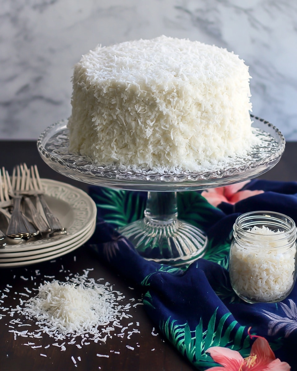 A round cake is fully covered with a thick layer of white shredded coconut, giving it a rough texture all around. The cake sits on a clear glass cake stand with a scalloped edge and a decorative base. In front of the cake, there is a small glass jar filled with more shredded coconut, with some coconut scattered around it on a dark wooden surface. To the left, a stack of white plates with a decorative edge holds several silver forks. A dark blue cloth with green palm leaves and pink flowers is partially visible under the cake stand. The background is a clean white marbled texture. photo taken with an iphone --ar 4:5 --v 7