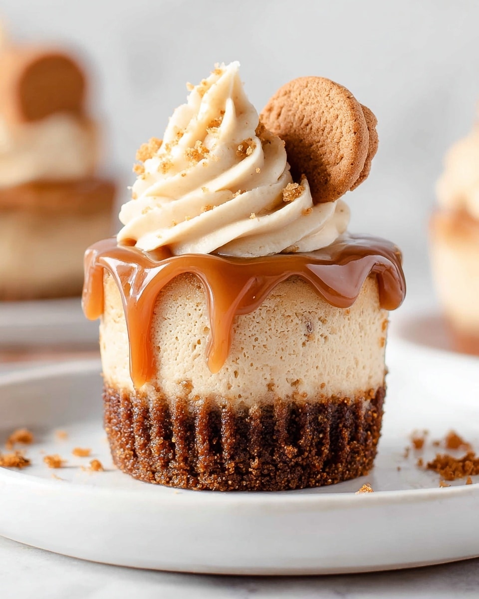 A small cupcake with three main layers sits centered on a white plate against a white marbled background. The bottom layer is a crumbly dark brown crust, followed by a light beige cheesecake layer with a slightly rough texture. On top of the cheesecake, smooth caramel sauce drips down the sides in a glossy, rich brown color, partially covering the upper edge of the cheesecake. A swirl of creamy beige frosting with small specks is piped on top, crowned with a small round biscuit crumb embedded on one side. Small cookie crumbs are scattered around the plate and cup cake. Photo taken with an iphone --ar 4:5 --v 7