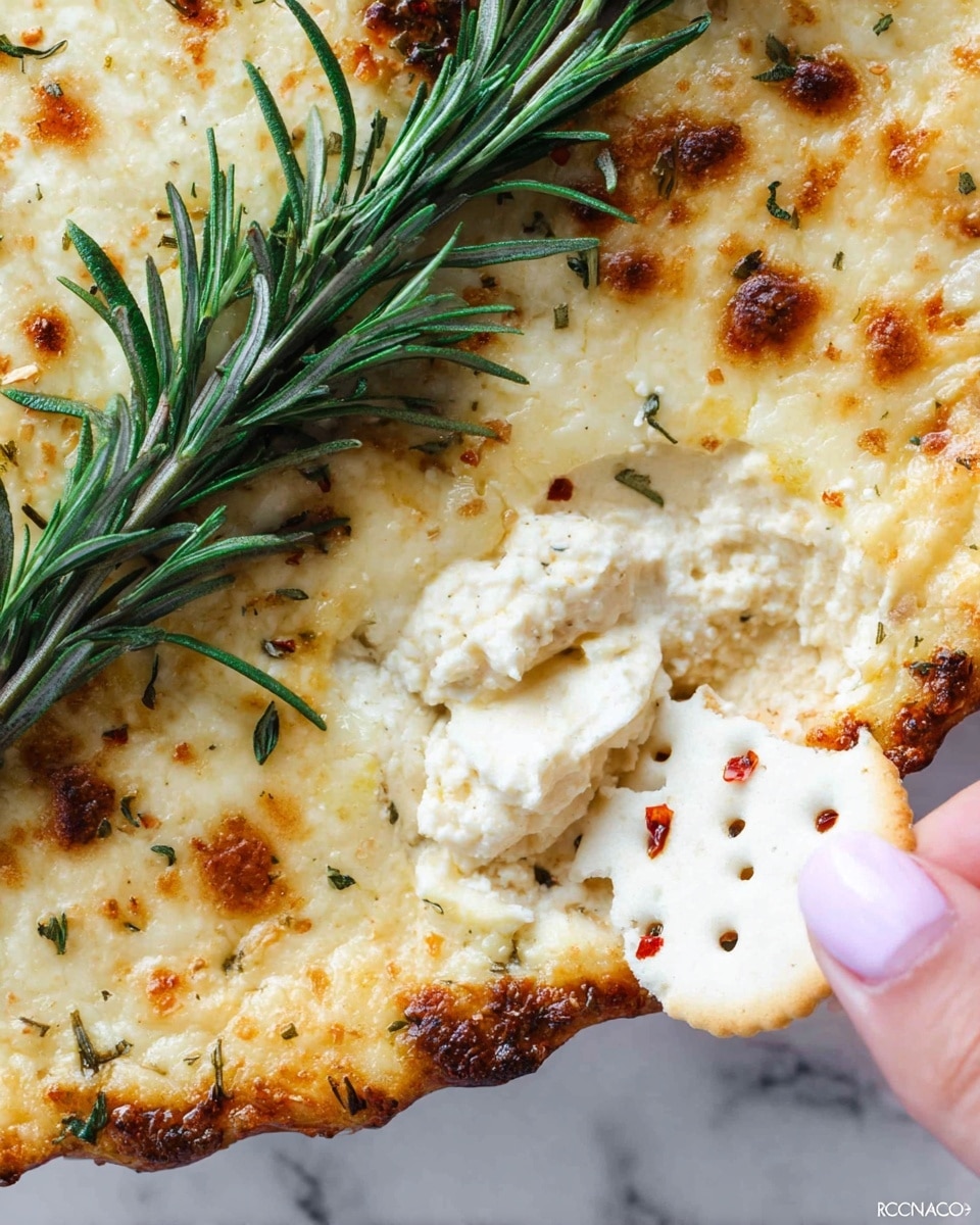 The close-up image shows a creamy baked cheese dish with a slightly golden, bubbly top layer that has small browned spots and a crumbly texture with herbs mixed in. A fresh, green rosemary sprig lays vertically on the left side, adding a pop of color and contrast. At the bottom right, a white cracker with small holes is partially dipped into the soft, slightly crumbly cheese spread, which has visible tiny red pepper flakes. A woman's hand gently holds the cracker, touching the cheese. The dish rests on a white marbled surface photo taken with an iphone --ar 4:5 --v 7
