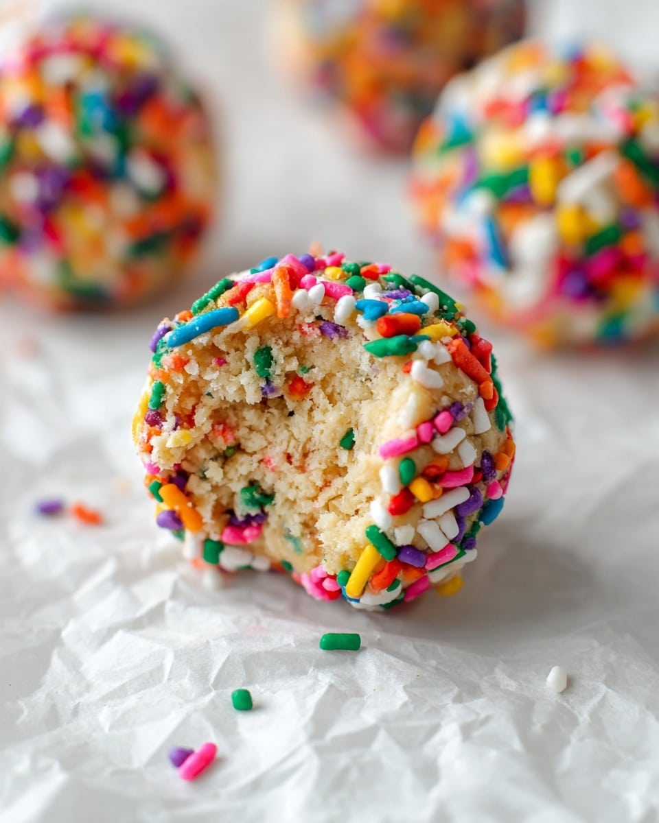The image shows a bite-sized round ball of dough covered in colorful sprinkles with a rough texture on top where a bite is taken, revealing a soft, light beige interior mixed with scattered sprinkles. The outer layer is densely coated in a mix of small round and long rod-shaped sprinkles in bright colors including red, green, yellow, orange, white, purple, and pink. This dough ball sits on a crumpled white surface with more dough balls blurred in the background, creating a close-up focus on the bitten one. photo taken with an iphone --ar 4:5 --v 7