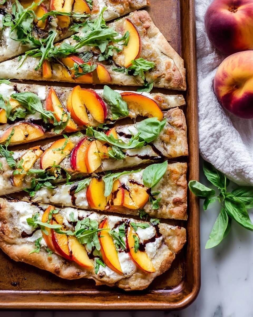 The image shows a flatbread cut into five slices on a baking tray. The flatbread has a golden-brown crust and is topped with layers starting with a light spread, followed by melted white cheese that looks soft and slightly browned in places. On top of the cheese, there are thin slices of yellow and red peaches arranged in rows on each slice. Green leafy arugula and basil leaves are scattered over the flatbread, adding bursts of green color. A dark, glossy drizzle, likely balsamic glaze, is lightly spread across the top, creating a contrast with the creamy and fruity colors. In the background, two whole peaches rest next to a white cloth on a white marbled surface. photo taken with an iphone --ar 4:5 --v 7