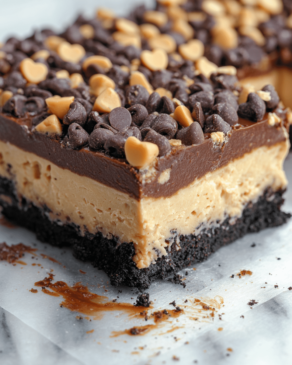 The image shows a close-up of a square dessert bar with three main layers. The bottom layer is dark, crumbly, and looks like a chocolate cookie crust. Above it is a thick, smooth, dark chocolate layer with a glossy texture. The middle layer is thick and creamy, light brown or tan, looking soft and mousse-like. The top layer is covered densely with small dark chocolate chips and light brown peanut butter chips, some shaped like hearts. The dessert is on a shiny white marbled surface with some crumbs and chocolate smudges around it. photo taken with an iphone --ar 4:5 --v 7