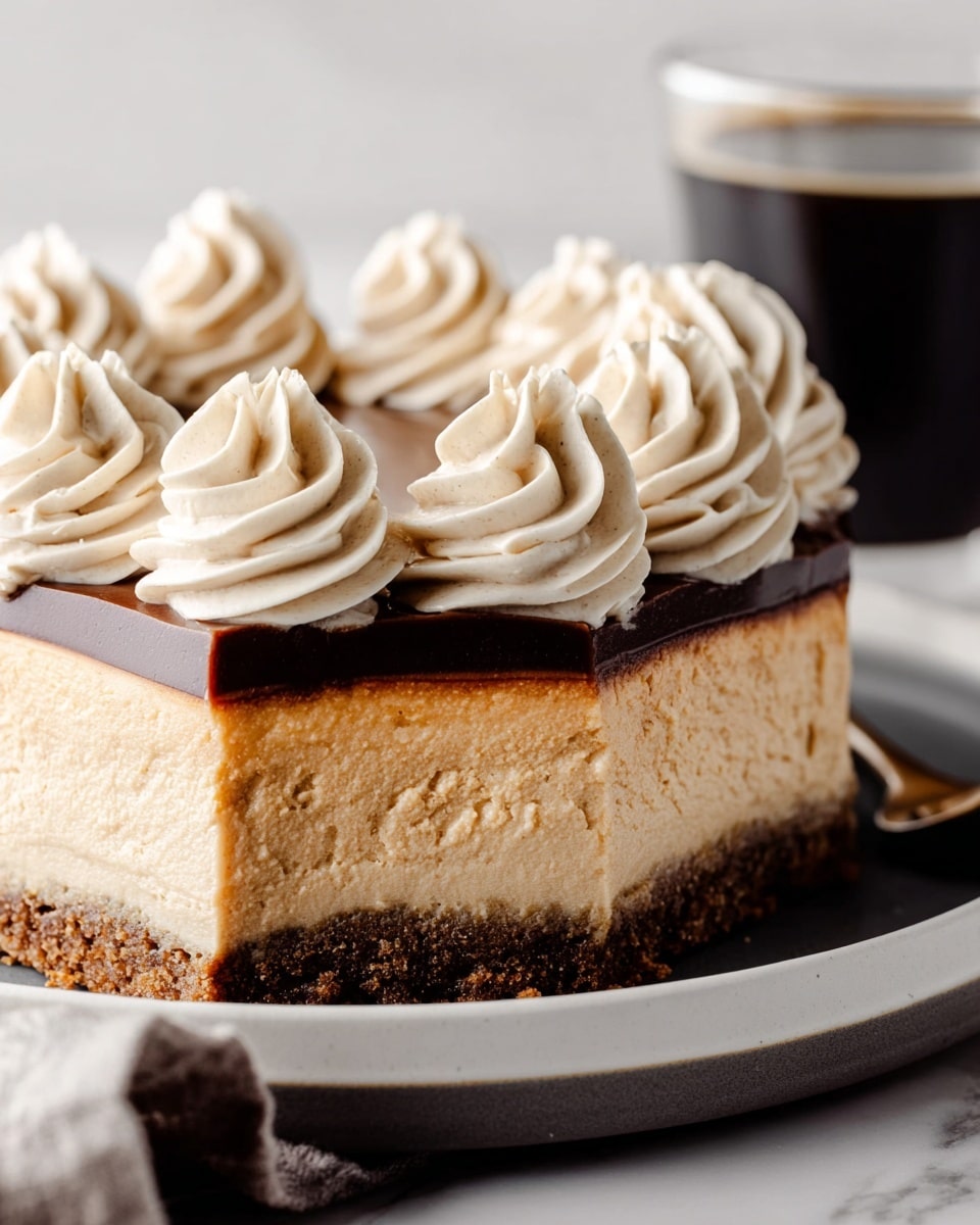A close-up image of a layered dessert on a white plate with a dark grey edge, placed on a white marbled surface. The dessert has three visible layers: a crumbly dark brown base, a thick light tan middle layer with a fluffy texture, and a smooth glossy dark chocolate layer on top. The top edge of the dessert is decorated with multiple swirls of pale cream-colored whipped topping, arranged evenly in a circle. In the background, a clear glass cup filled with black coffee is partially visible, adding contrast to the soft colors of the dessert. photo taken with an iphone --ar 4:5 --v 7