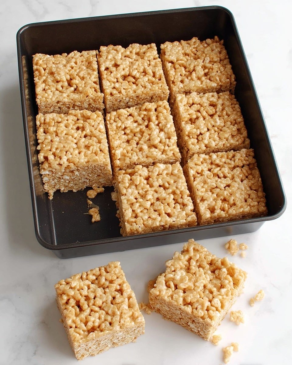 A black baking pan holds a batch of nine light golden brown, crispy rice cereal treats arranged in a 3x3 grid, with a few pieces missing from the bottom left corner. Each square treat is dense and compact, showing the textured mixture of puffed rice with visible coating of melted marshmallow or syrup that gives a glossy, slightly sticky surface. In front of the pan on a white marbled surface, two individual squares rest separately, revealing their thickness and chewy texture with air pockets inside. The overall look is neat with evenly cut edges and a crunchy, slightly caramelized appearance. Photo taken with an iphone --ar 4:5 --v 7