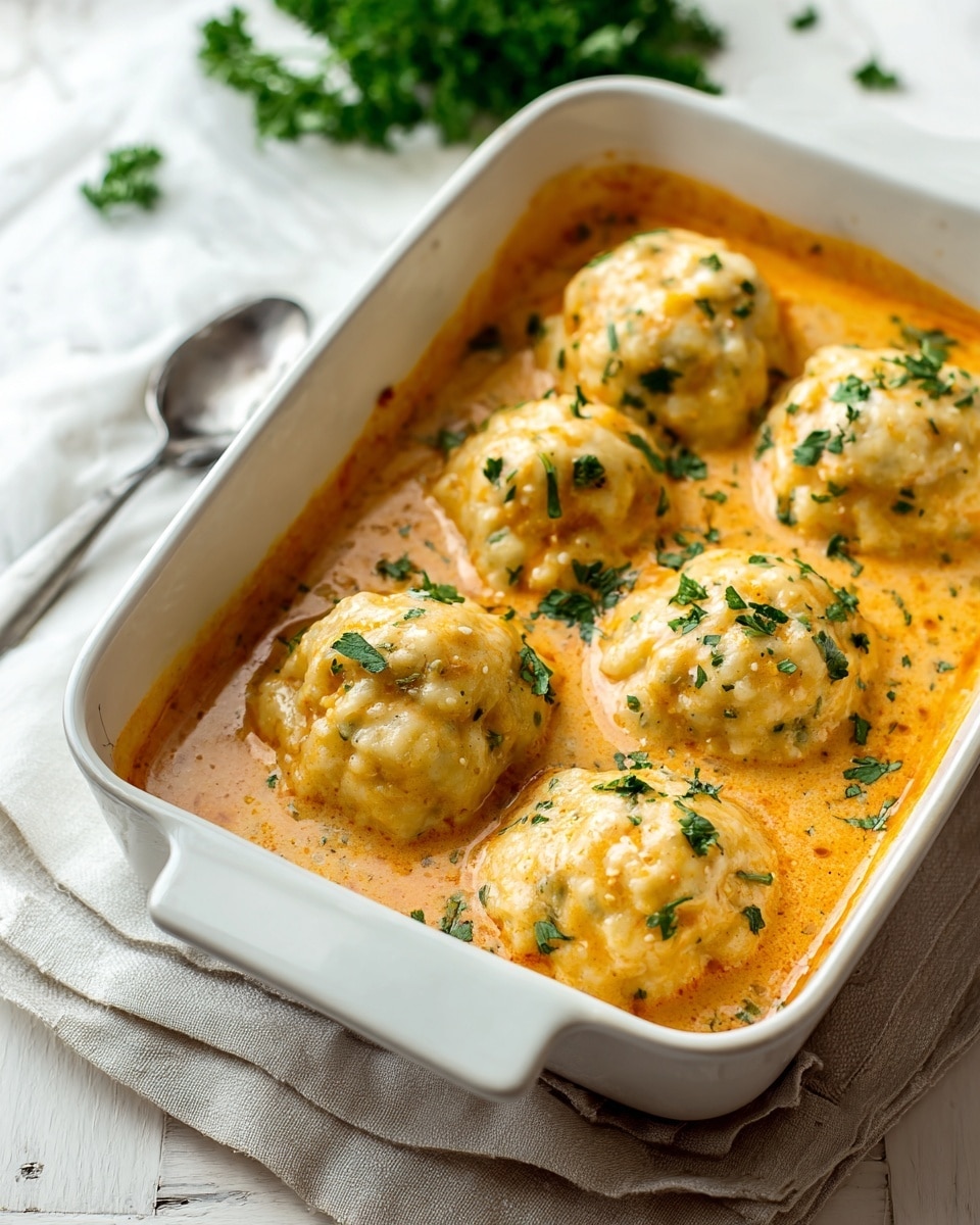 A white baking dish filled with seven golden-brown dumplings that have a soft, slightly bumpy texture, each topped with small green parsley pieces. The dumplings sit in a thick, creamy orange sauce that covers the bottom and partially the sides of the dumplings, with some sauce splashed along the inner edges of the dish. The dish is placed on a light beige cloth over a white wooden surface with a white marbled texture visible in the background, along with some blurred green parsley leaves and a silver spoon next to the dish. Photo taken with an iphone --ar 4:5 --v 7