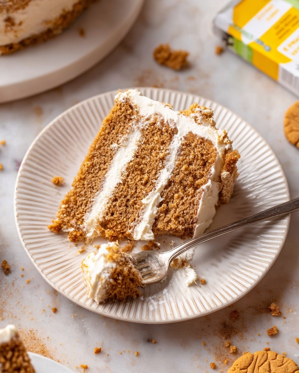 A piece of three-layer light brown cake with white creamy frosting between each layer and around the sides sits on a white plate with ridged edges, crumbs scattered around. A spoon rests on the right side of the plate holding a bite of the cake with visible creamy frosting. Broken cookies and crumbs are spread on a white marbled surface around the plate, and a partially visible white and yellow package is in the top right corner. photo taken with an iphone --ar 4:5 --v 7