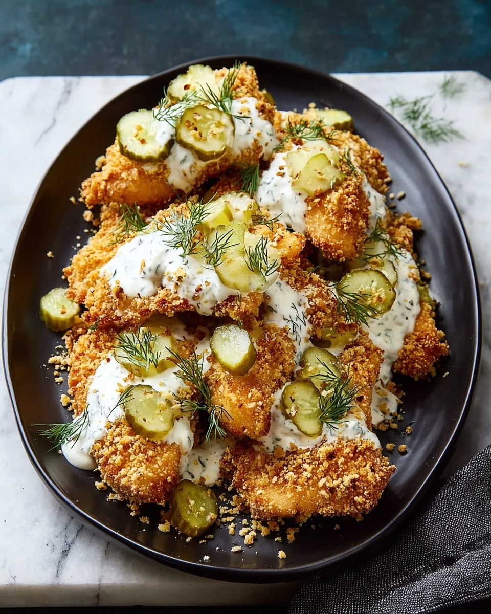 A black oval plate holds a stack of golden brown crispy fried chicken pieces coated with coarse breadcrumbs, each piece topped with a creamy white sauce mixed with herbs. Small pale yellow diced pickles and thinly sliced green pickles are scattered over the chicken, with sprigs of fresh dill placed on top, adding a bright green touch. The fried chicken pieces are layered unevenly, creating a textured and crunchy look, while the creamy sauce contrasts smoothly on the rough surfaces. The plate sits on a white marbled textured surface with a dark cloth napkin partially visible on the side. Photo taken with an iphone --ar 4:5 --v 7