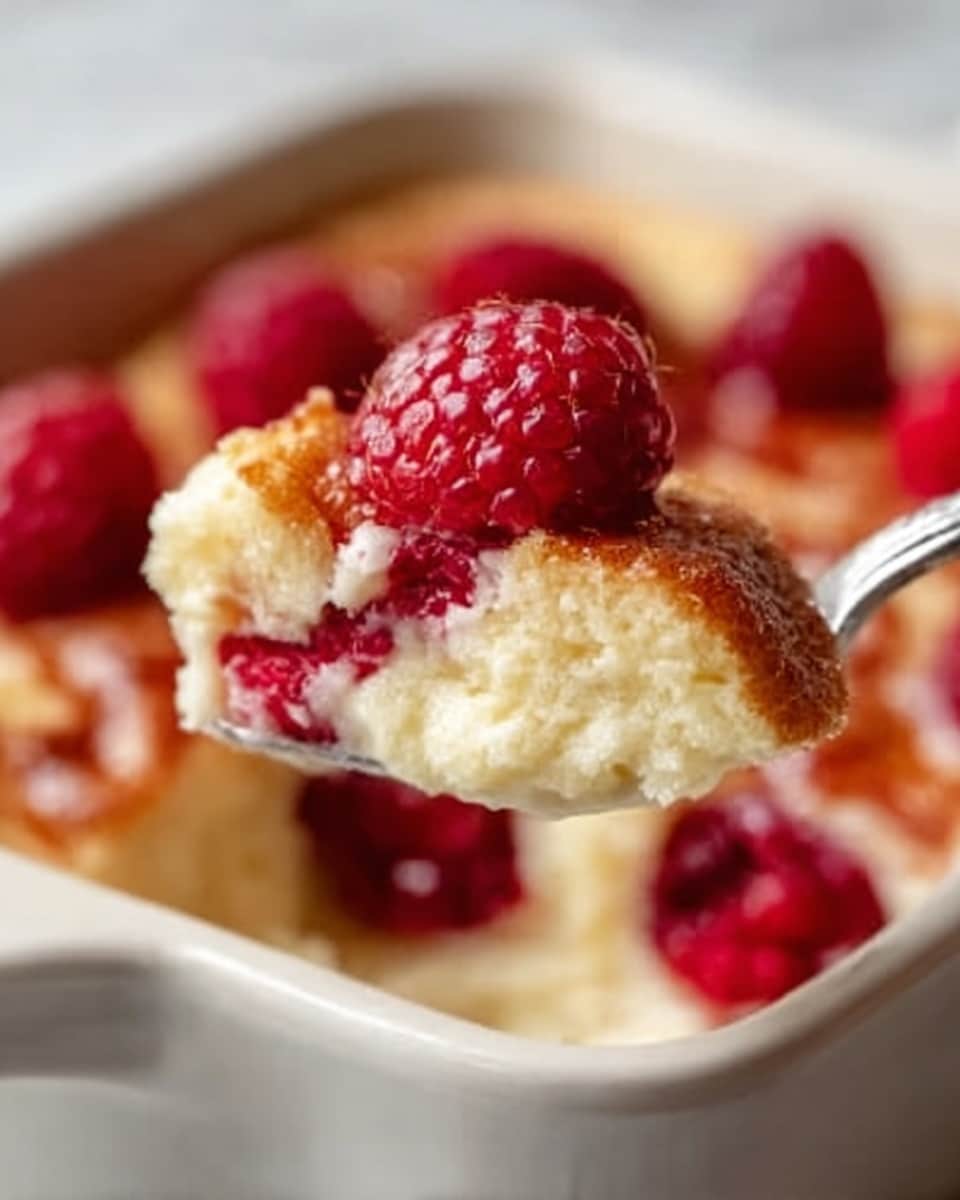 A close-up of a silver spoon holding a bite of a baked dessert with a golden-brown top layer that looks soft and slightly crumbly, filled with bright red raspberries that are juicy and pop with color. The dessert underneath the raspberries appears creamy and light, with a smooth texture. The background is blurred but shows more of the same dessert with raspberries peeking out through the top crust on a white marbled surface. Photo taken with an iphone --ar 4:5 --v 7