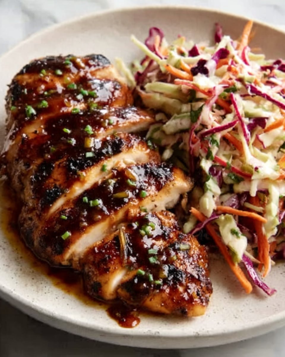 The image shows a white plate with a piece of grilled chicken cut into thick slices, placed on the left side. The chicken has a crispy dark brown skin with a glossy sauce glaze and is sprinkled with small green herb bits. On the right side of the plate, there is a colorful coleslaw made of shredded purple, white, and orange vegetables mixed with a creamy dressing. The plate rests on a white marbled surface. Photo taken with an iphone --ar 4:5 --v 7