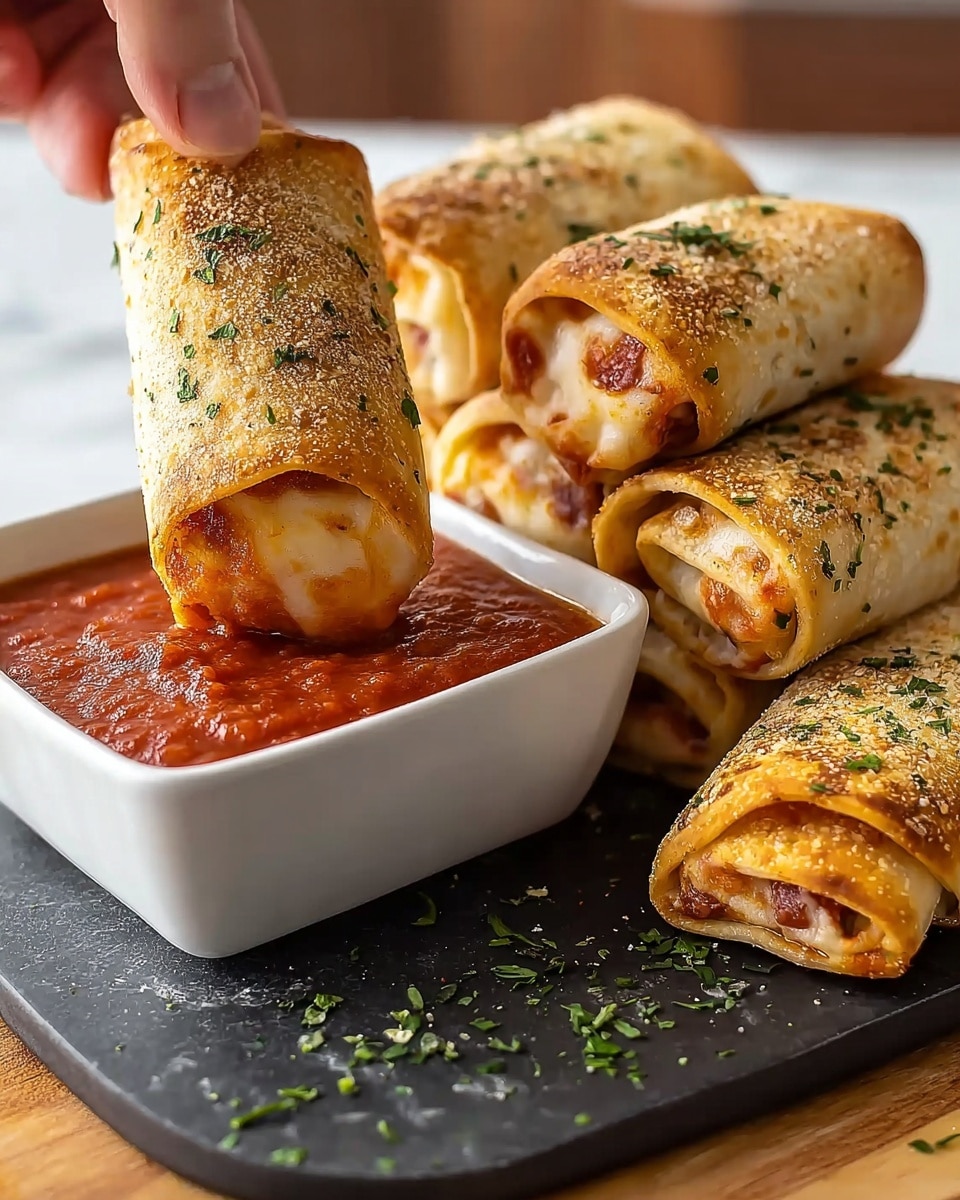 A close-up view of five rolled baked snacks stacked on a white marbled surface, each wrapped in a golden-brown, lightly crispy dough sprinkled with green herbs; the front roll is held by a woman's hand and is dipped into a square white bowl filled with thick, deep red marinara sauce, showing melted cheese and tomato inside the roll, with some green herb sprinkles scattered around the bowl on the dark serving board. photo taken with an iphone --ar 4:5 --v 7