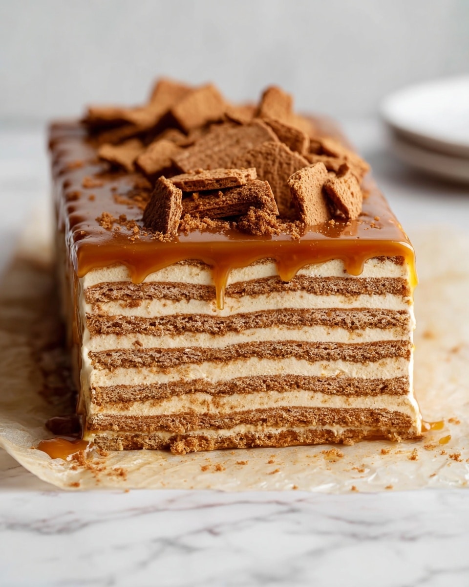 A rectangular layered dessert placed on a piece of parchment paper on a white marbled surface shows multiple alternating layers of light beige cream and brown biscuit layers, totaling nine visible layers. The top layer is covered with a thick caramel-colored glaze that drips slightly down the side, and it is decorated with broken pieces of brown biscuits scattered on top. The edges are clean and straight, showing the even layers inside. Photo taken with an iphone --ar 4:5 --v 7