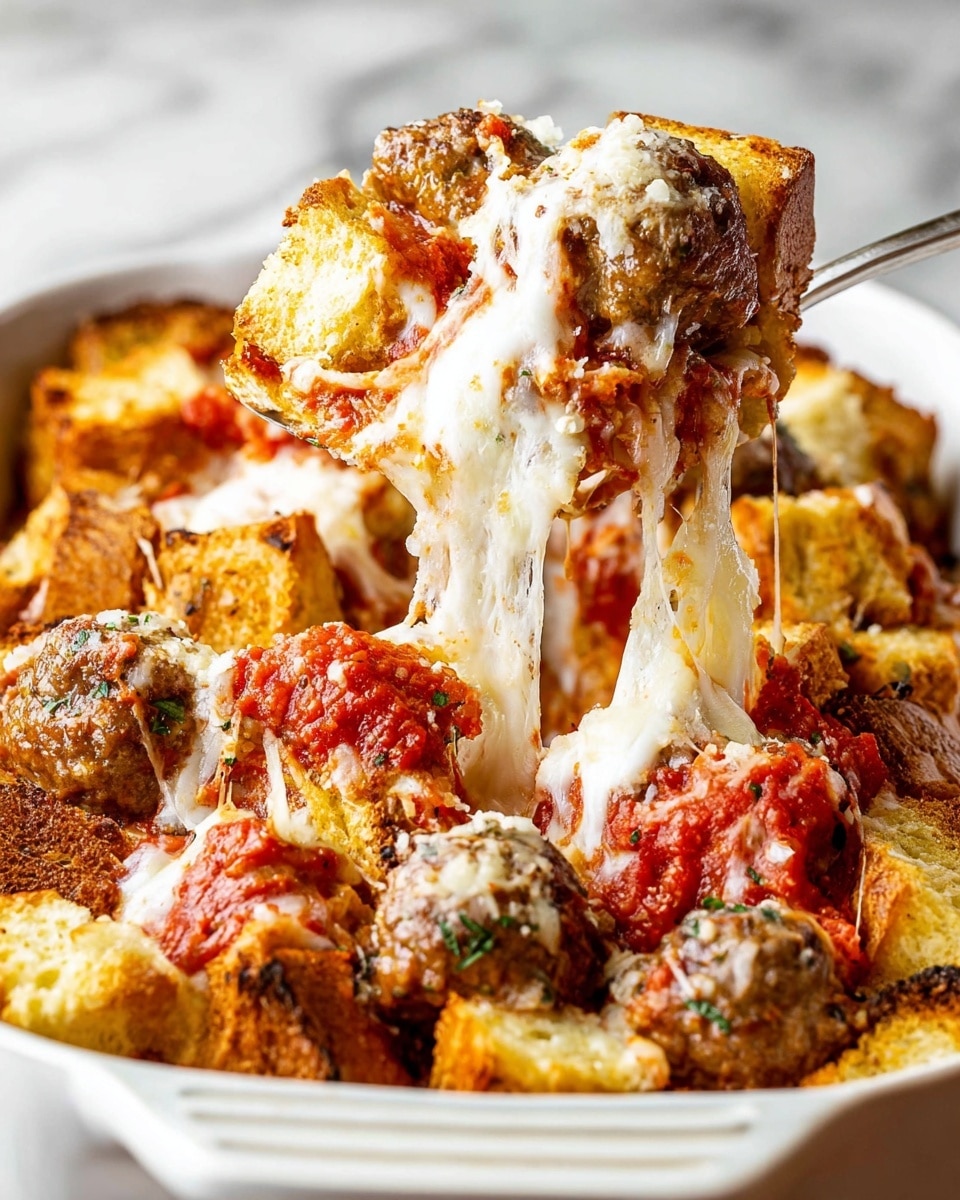 A close-up view shows a white baking dish filled with layers of golden toasted bread cubes, each piece crisp and porous. On top and between the bread pieces are brown meatballs speckled with herbs. The dish is heavily covered with melted white cheese that stretches in thin strings, blending with bright red tomato sauce spread around the layers. A large spoon lifts a chunky portion, showing the gooey cheese pulling away and mixing colors of golden bread, red sauce, and browned meat. The background is a white marbled texture. photo taken with an iphone --ar 4:5 --v 7