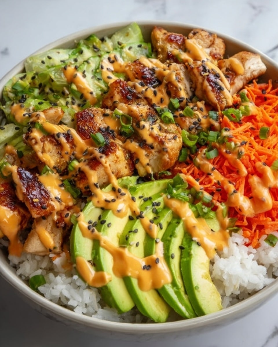 A white bowl sits on a white marbled surface, filled with a colorful layered dish. The bottom layer is white rice, covering the whole bowl. On top of the rice, there is a layer of grilled chicken pieces with a brown, slightly crispy texture, drizzled with creamy orange sauce. Next to the chicken, there are slices of bright green avocado, fanned out neatly. On one side, shredded orange carrots add a fresh, crunchy look. Scattered over the top are small green chopped herbs and black sesame seeds. The photo is clear and sharp, showing the vibrant colors and textures of each layer. Photo taken with an iphone --ar 4:5 --v 7