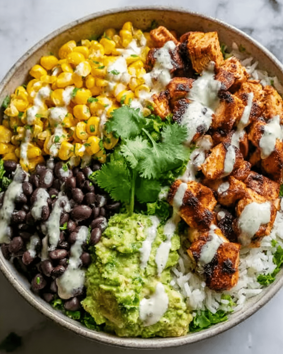 The image shows a close-up of a white bowl filled with a colorful layered dish on a white marbled surface. The base layer is white rice, topped with bright yellow corn in one section, light green mashed avocado or guacamole in another, and black beans arranged next to the corn. On the right side, there are pieces of grilled chicken with a golden-brown, slightly charred texture. Creamy white sauce is drizzled over the corn, beans, and chicken. A sprig of fresh green cilantro sits on top near the chicken, adding a pop of color. The dish looks fresh and well arranged, with distinct, vibrant layers. photo taken with an iphone --ar 4:5 --v 7