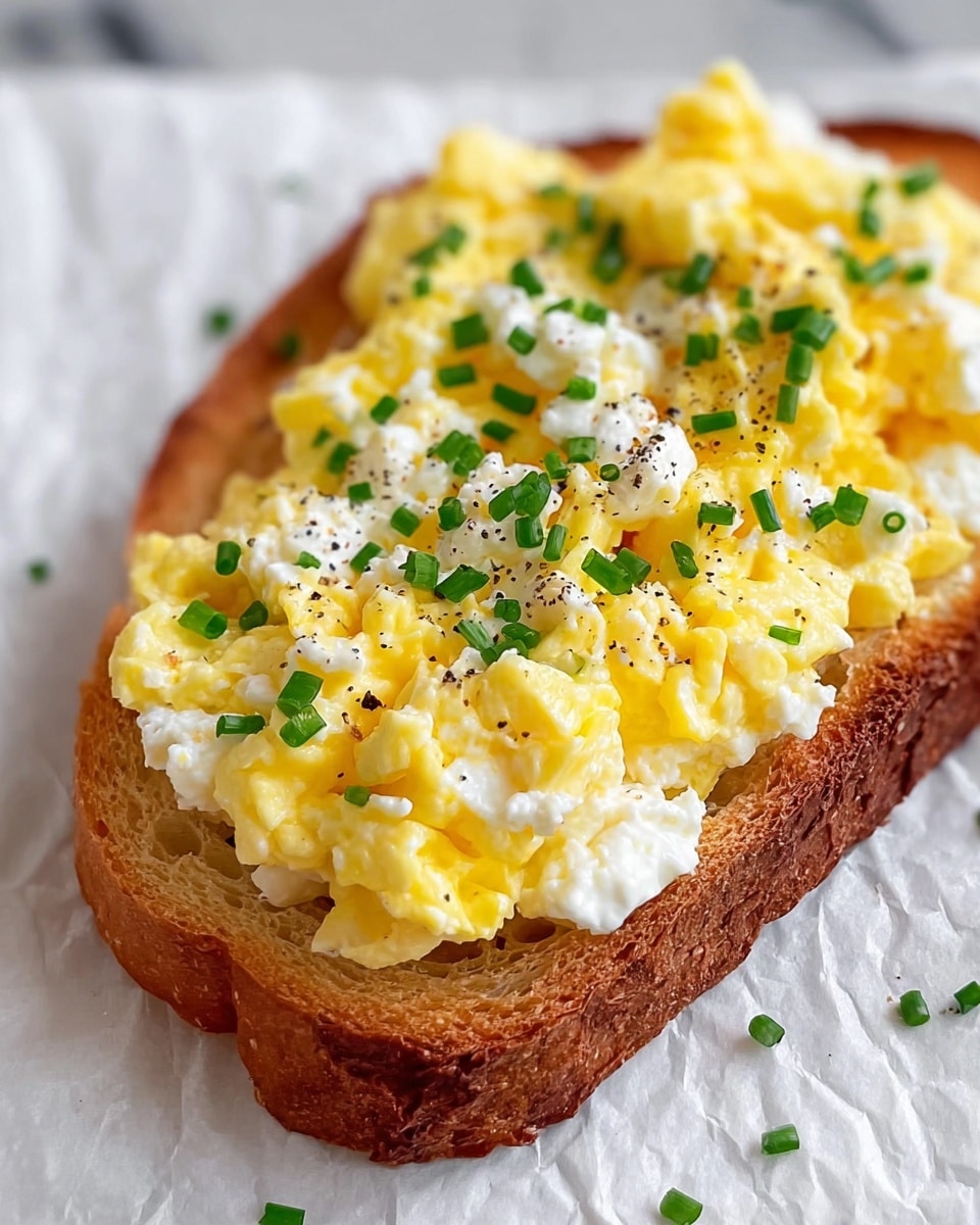 A single thick slice of golden brown toasted bread with a crispy crust sits on a white marbled surface covered with a layer of crinkled white parchment paper. The toast is topped with a generous layer of fluffy bright yellow scrambled eggs mixed with soft white cottage cheese. Scattered evenly over the eggs are small pieces of fresh, vibrant green chopped chives, along with a light sprinkle of black pepper. Photo taken with an iphone --ar 4:5 --v 7