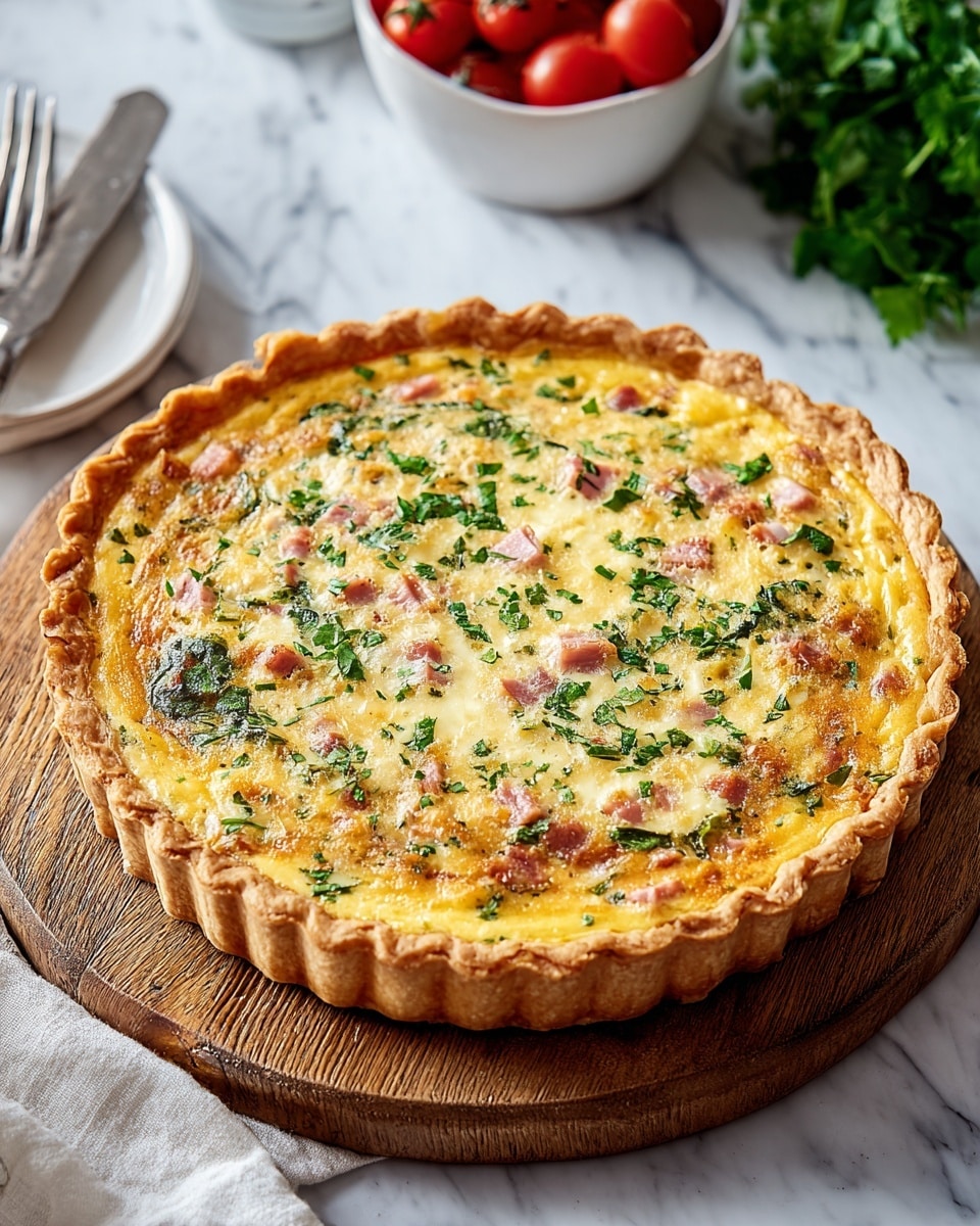 A golden-brown savory quiche is shown with a crisp, crimped crust forming the outer edge, holding a creamy yellow filling studded with small pieces of pink ham, green spinach, and melted white cheese. The top is speckled with finely chopped fresh green herbs, creating a colorful and textured surface. The quiche rests on a round wooden board, placed on a white marbled surface. In the background, there is a white bowl of small, red tomatoes, some green leafy herbs, a white cloth napkin, and a silver fork partly visible near the edge of the frame. Photo taken with an iphone --ar 4:5 --v 7