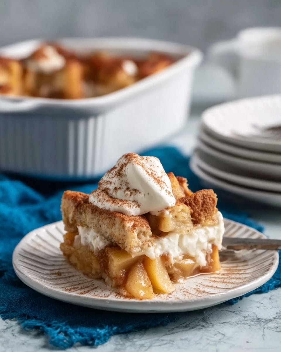 The image shows a square piece of apple bread pudding on a white plate with subtle ridges around the edges. The dessert has three layers: the bottom layer is a soft, golden bread soaked with a creamy mixture, the middle layer has chunks of baked apples with a slight syrupy look, and the top is covered with a dusting of cinnamon and a dollop of white whipped cream melting slightly. The plate is on a blue cloth, and in the background, there is a white baking dish filled with more bread pudding and some stacked white plates on a white marbled surface. Photo taken with an iphone --ar 4:5 --v 7