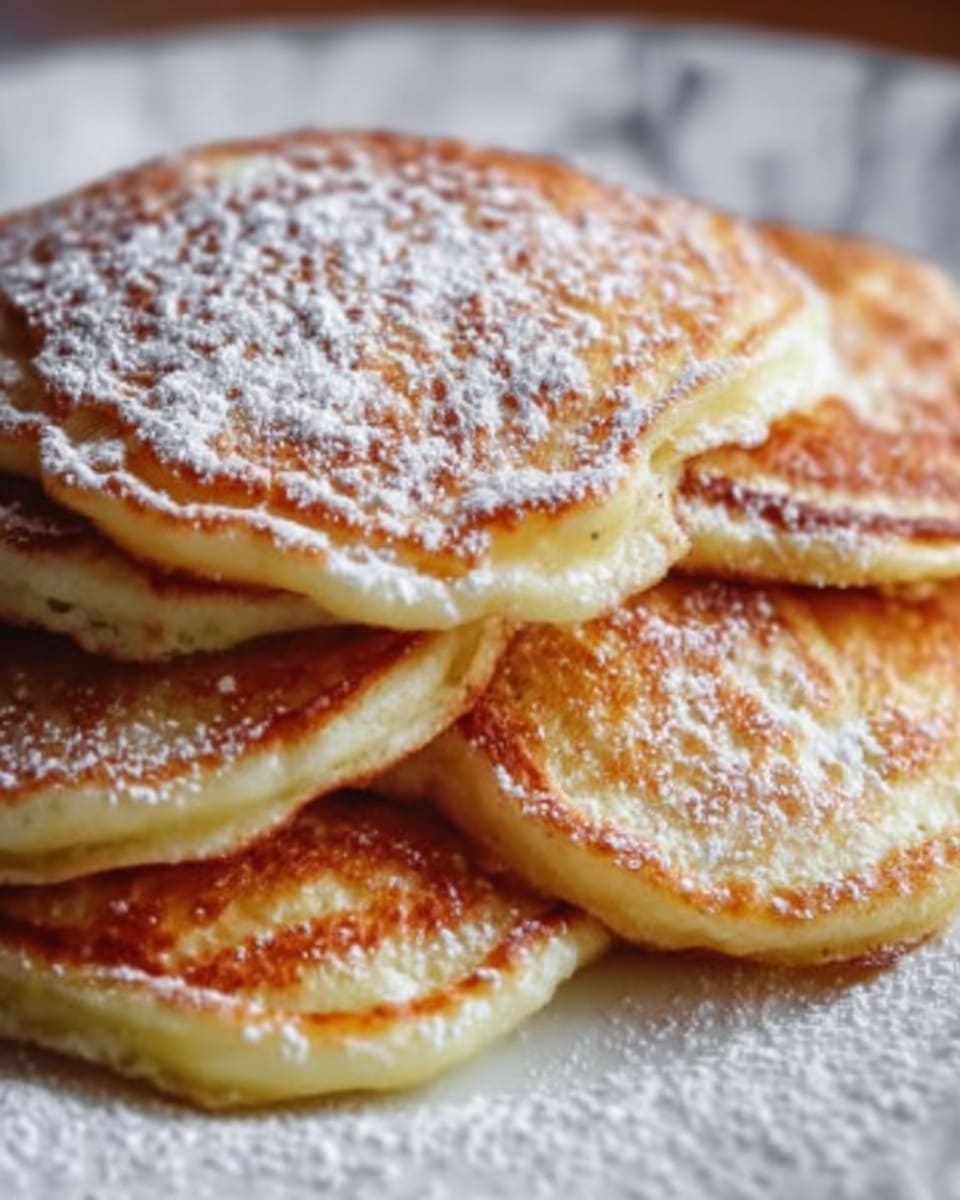 A close-up stack of golden brown pancakes with a light dusting of white powdered sugar on top, showing crispy edges and soft, fluffy centers. The pancakes are piled unevenly, highlighting their varied round shapes and slightly rough texture on a white plate. The background shows a white marbled surface. Photo taken with an iphone --ar 4:5 --v 7