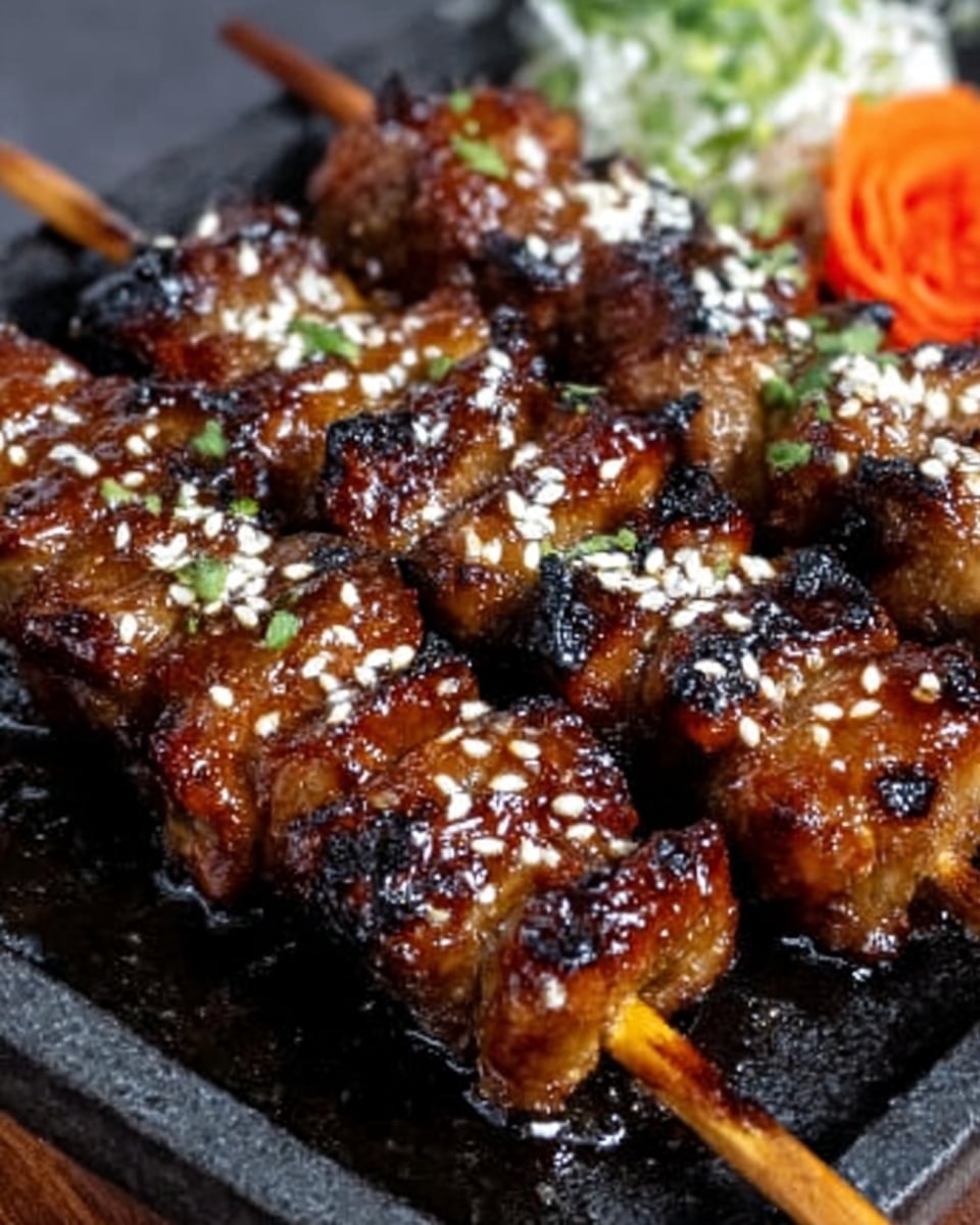 The image shows four skewers of grilled meat placed closely on a black sizzling plate. The meat is glazed with a shiny, dark brown sauce and sprinkled with white sesame seeds, giving it a slightly glossy and textured look. The skewers rest on a white marbled surface, while some small green garnishes and a few pieces of thinly sliced carrot are seen around the edges. The focus is on the juicy, caramelized meat, with charred spots adding a rustic texture. Photo taken with an iphone --ar 4:5 --v 7