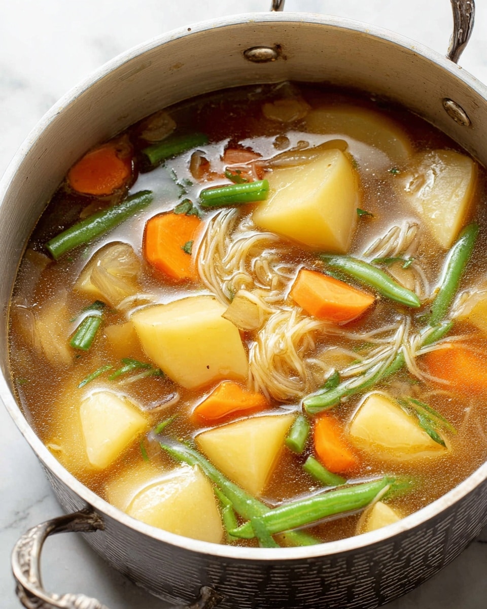 A white metal pot filled with a clear broth soup showing large chunks of light yellow potatoes, bright orange carrot slices, pale translucent onion pieces, and vibrant green beans floating on the surface; the broth is mostly clear with a slight brown tint, and some thin, curly noodles are partially submerged within the liquid. The pot has a textured side and two riveted handles, resting on a white marbled surface. photo taken with an iphone --ar 4:5 --v 7