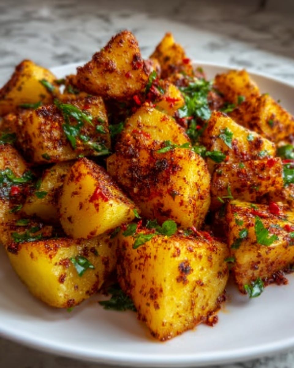 A close-up of a white plate with several cubes of golden-brown roasted potatoes covered in a mix of red spices and finely chopped green herbs. The potatoes have a crispy texture on the outside and look soft inside. The spices are scattered unevenly, giving a vibrant contrast of red against the yellow potatoes. The green herbs add freshness to the warm colors. The white plate sits on a white marbled surface. Photo taken with an iphone --ar 4:5 --v 7