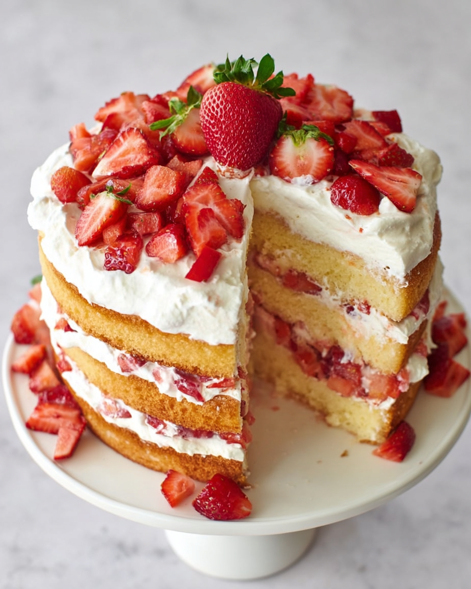 A three-layer vanilla cake sits on a white cake stand over a white marbled background, each layer separated by thick white cream and chunks of fresh strawberry pieces. The top layer is covered with a generous amount of whipped cream, decorated with a mix of halved and diced strawberries, including one whole strawberry placed in the center. Some strawberry halves are arranged around the base of the cake stand. The cake slice cut out reveals the soft, moist texture of the vanilla layers and the creamy strawberry filling inside. Photo taken with an iphone --ar 4:5 --v 7