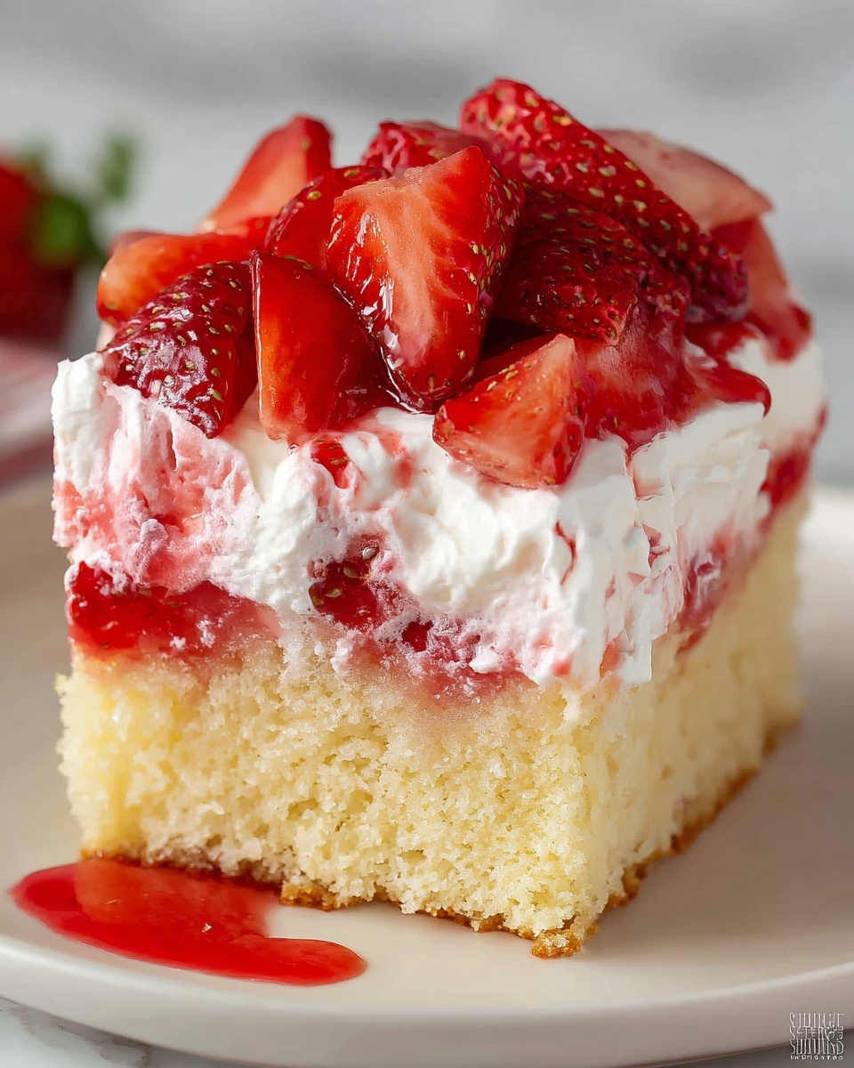 A close-up of a three-layer dessert square on a white plate, resting on a white marbled surface. The bottom layer is a thick, soft, light yellow sponge cake with a slightly golden base. The middle layer is a thin spread of white whipped cream with swirls of red strawberry syrup blending into it. The top layer is made of fresh, bright red, sliced strawberries arranged closely together, glistening with juice and syrup. A small spill of strawberry juice is visible on the plate near the base of the dessert. Photo taken with an iphone --ar 4:5 --v 7