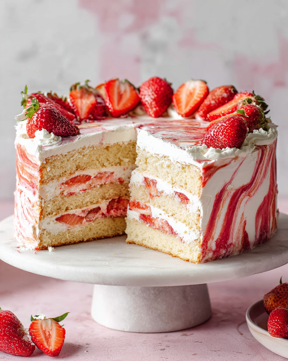 A three-layer vanilla sponge cake is shown with thick white cream and fresh strawberry pieces between each layer. The outside is covered with white cream, mixed with red strawberry swirls creating a marbled effect. The top is decorated with whole and sliced fresh strawberries placed around the edge. The cake stands on a white marble cake stand with a round top and thick base. The background and surface have a white marbled texture with a soft pink area near the base. One slice has been cut and slightly pulled out to show the inside texture and layers clearly. Photo taken with an iphone --ar 4:5 --v 7